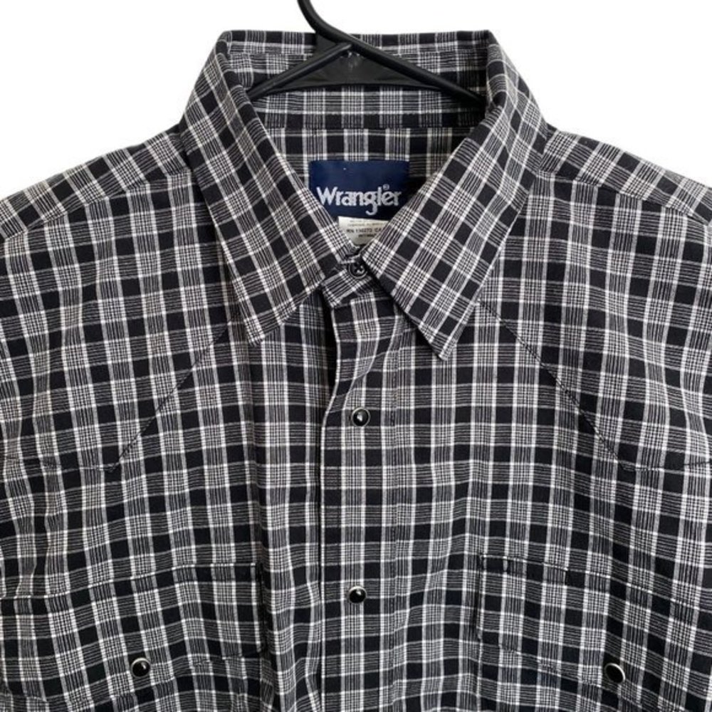 Wrangler Plaid Western Pearl Snap Shirt Men's Size L Black Gray Cotton Polyester